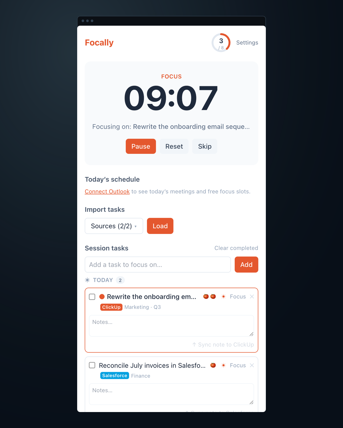 Focally's browser side panel part-way through a focus block: nine minutes left of twenty-five, the task the block is attributed to, and today's tasks imported from ClickUp and Salesforce with a note field that syncs back to each system.